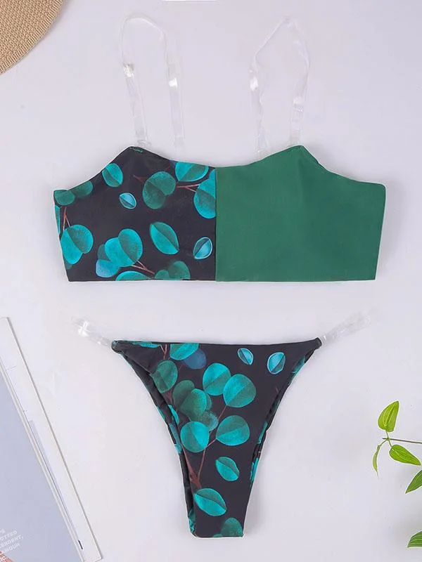 Asymmetric Floral-Print See-Through Shoulder Split Bikini Swimsuit