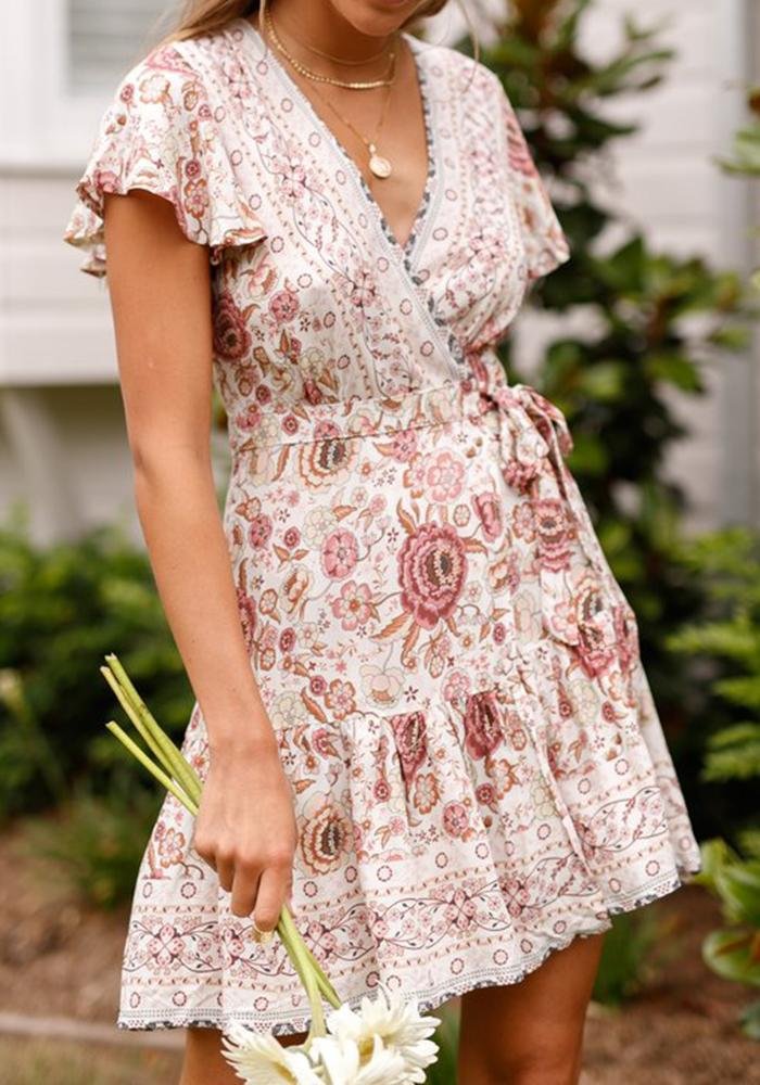 Women V-neck Bohemian Ditsy Floral Midi Dress White August Lemonade August Lemonade