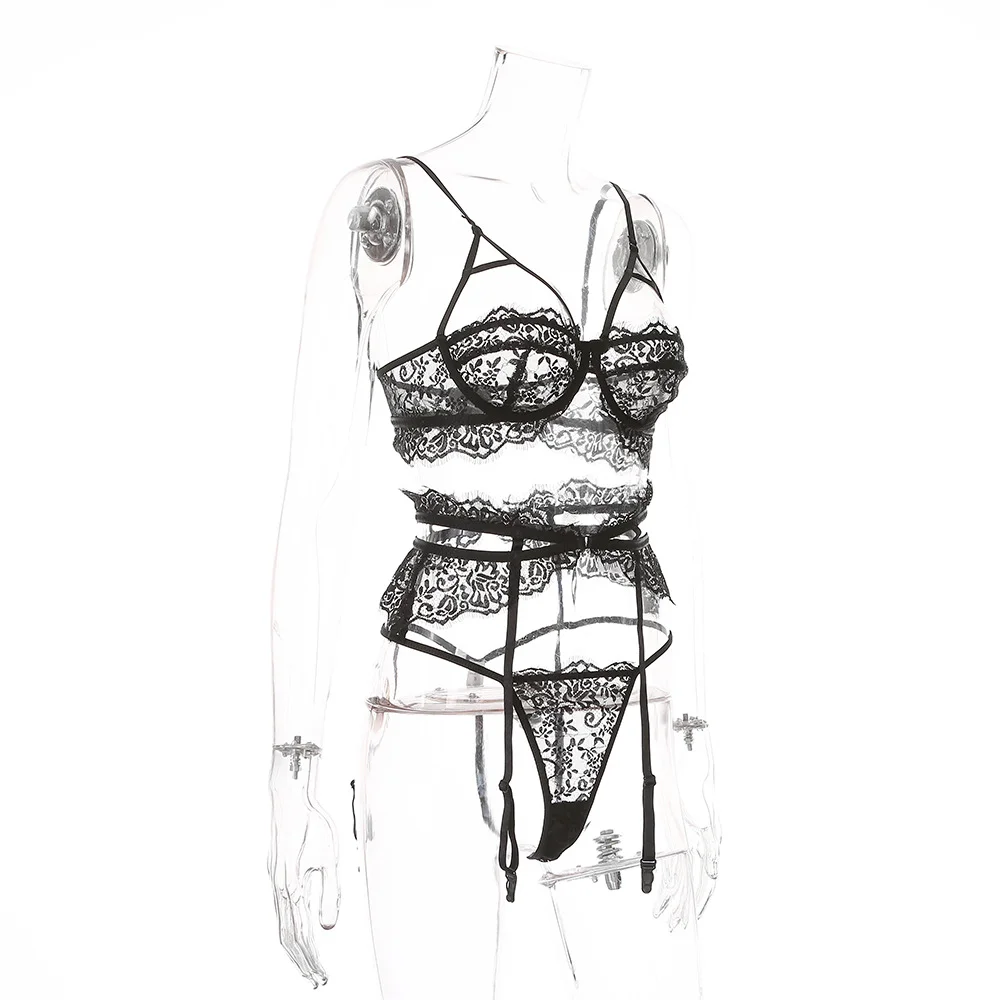 Billionm SexeLakas Sexy Underwear Set Women Lace Hollow Lingerie 3 Pieces Porno Intimates Set Gathered Bra Transparent Brief T Back Thong