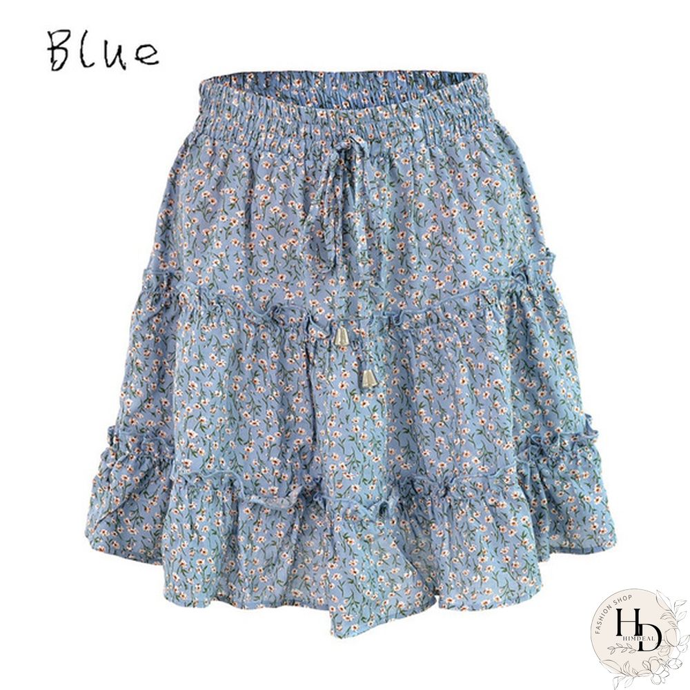 Women Fashion Casual Floral Short Skirts Summer High Waist Pleated Printed Beach Skirt