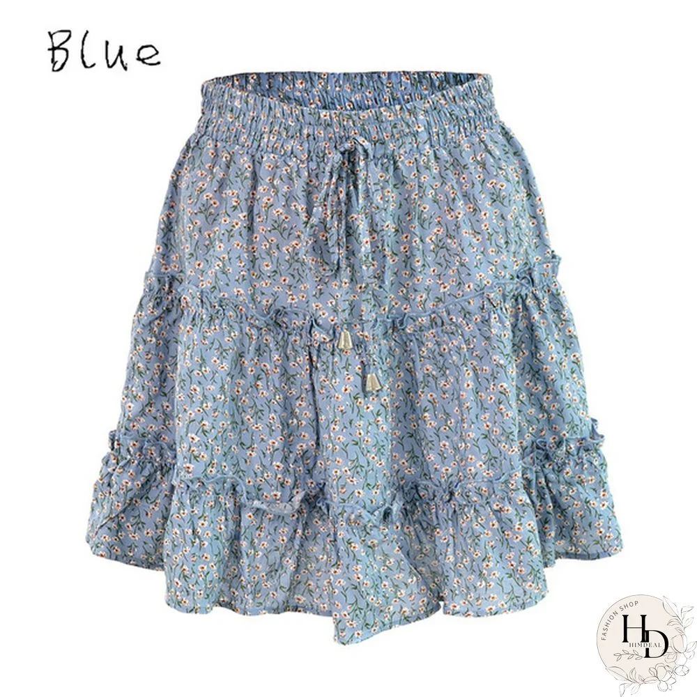 Women Fashion Casual Floral Short Skirts Summer High Waist Pleated Printed Beach Skirt