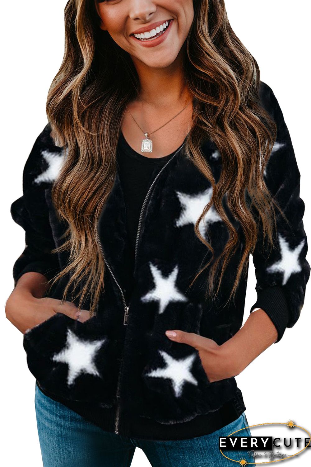 Black Star Print Zipper Fleece Hooded Coat with Pockets