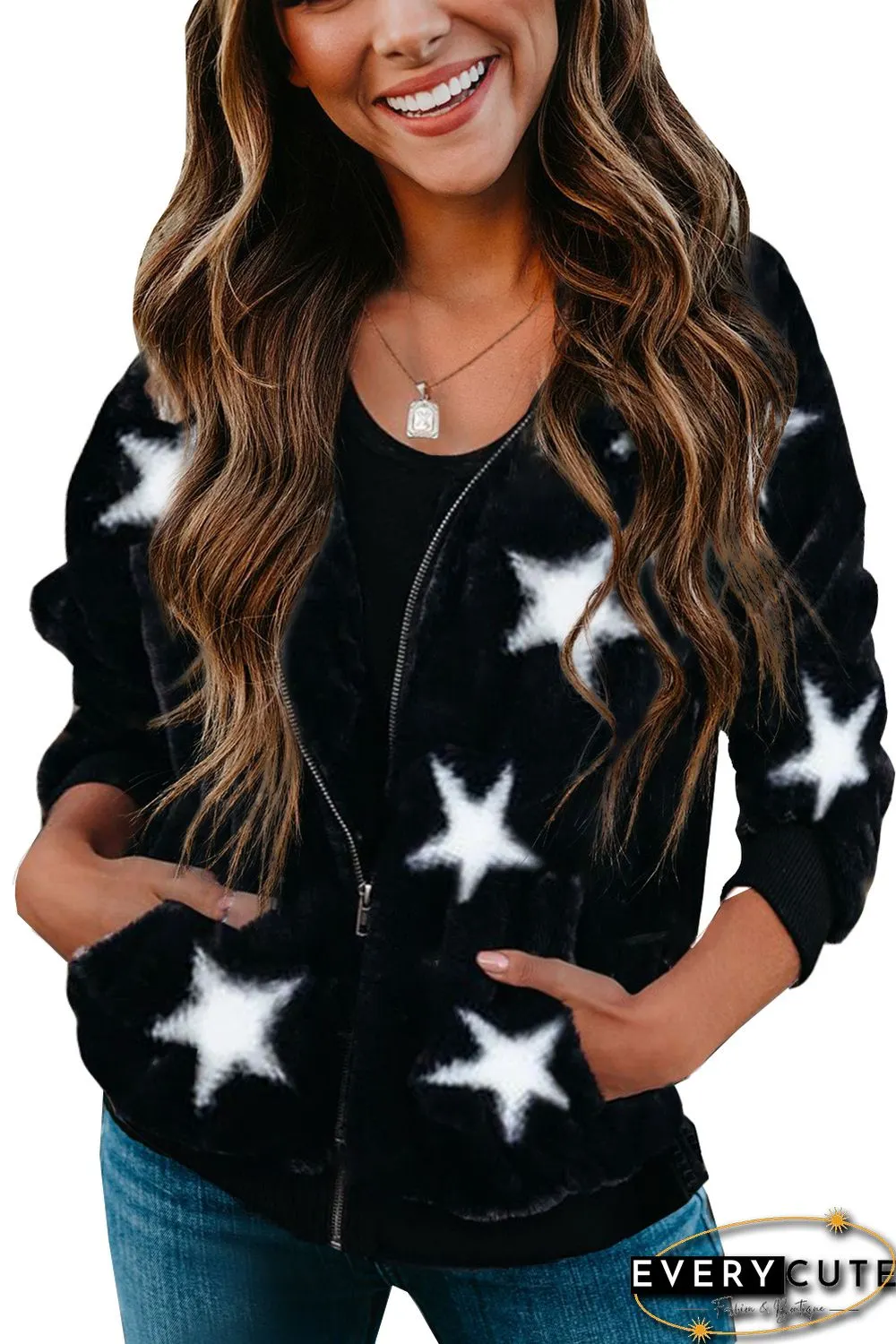 Black Star Print Zipper Fleece Hooded Coat with Pockets