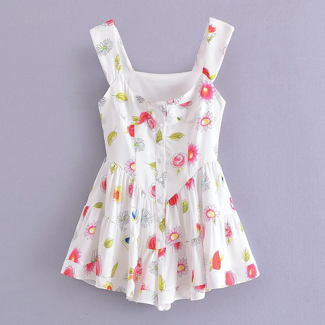 Nncharge Summer U Collar White Print Flower Sleeveless Bodysuits Women Ruched Ruffles Hem Skirt-shorts Jumpsuit Tank Romper Overalls