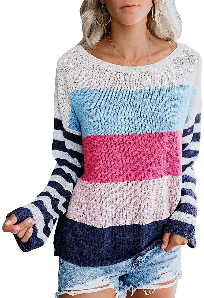 Womens Oversized Pullover Sweater Colorblock Rainbow Striped Casual Long Sleeve Loose Knitted Shirts Tops