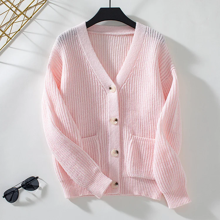 Women's Autumn Solid Sweater V-Neck Single Breasted Casual Knitted Sweater Cardigan