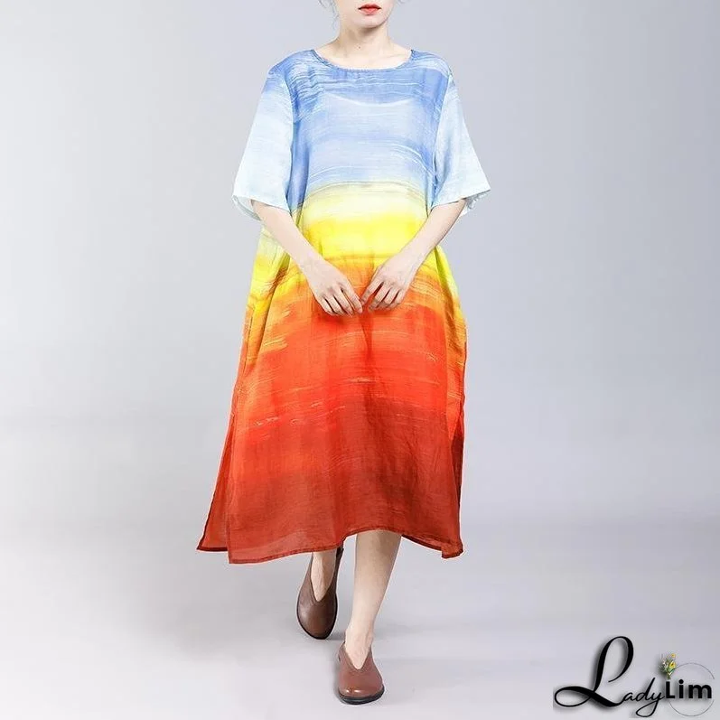 Gradient Color Split Elegant Casual Midi Dress