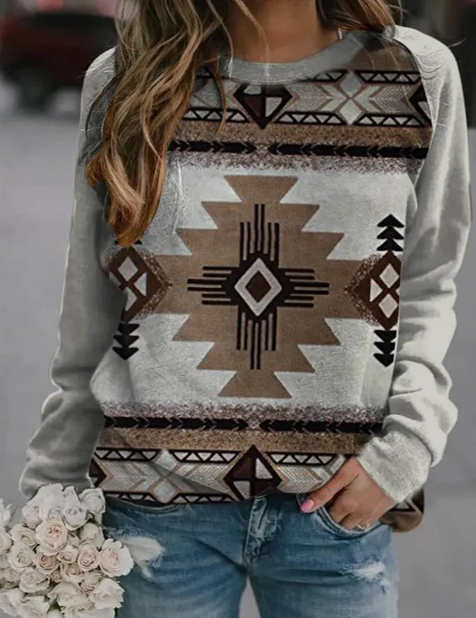 Vintage Print Sweatshirt Women Autumn Fashion Pocket O Neck Long Sleeve Streetwear Hoodies Female Plus Size Casual Pullovers