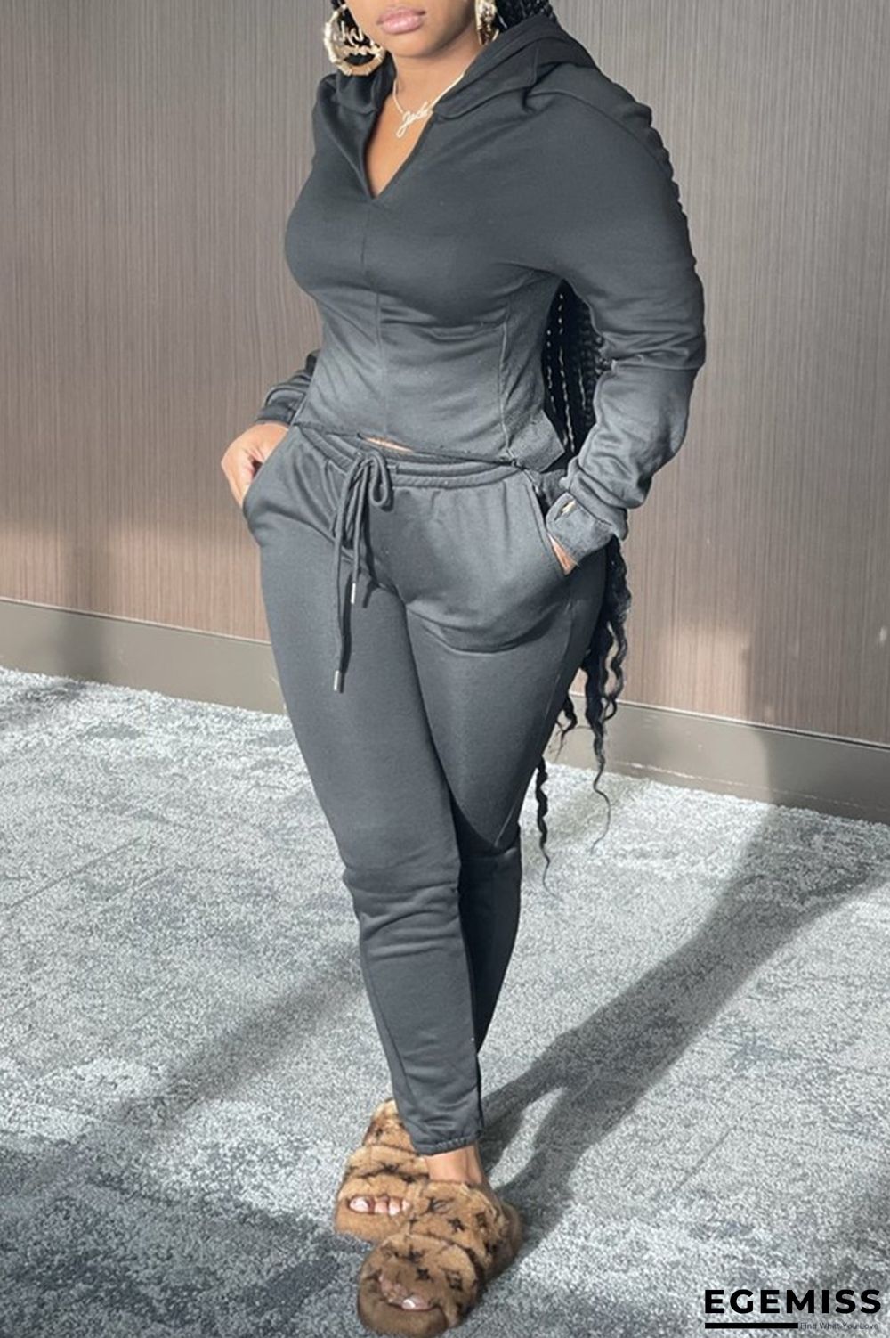 Black Fashion Casual Solid Basic Hooded Collar Long Sleeve Two Pieces | EGEMISS