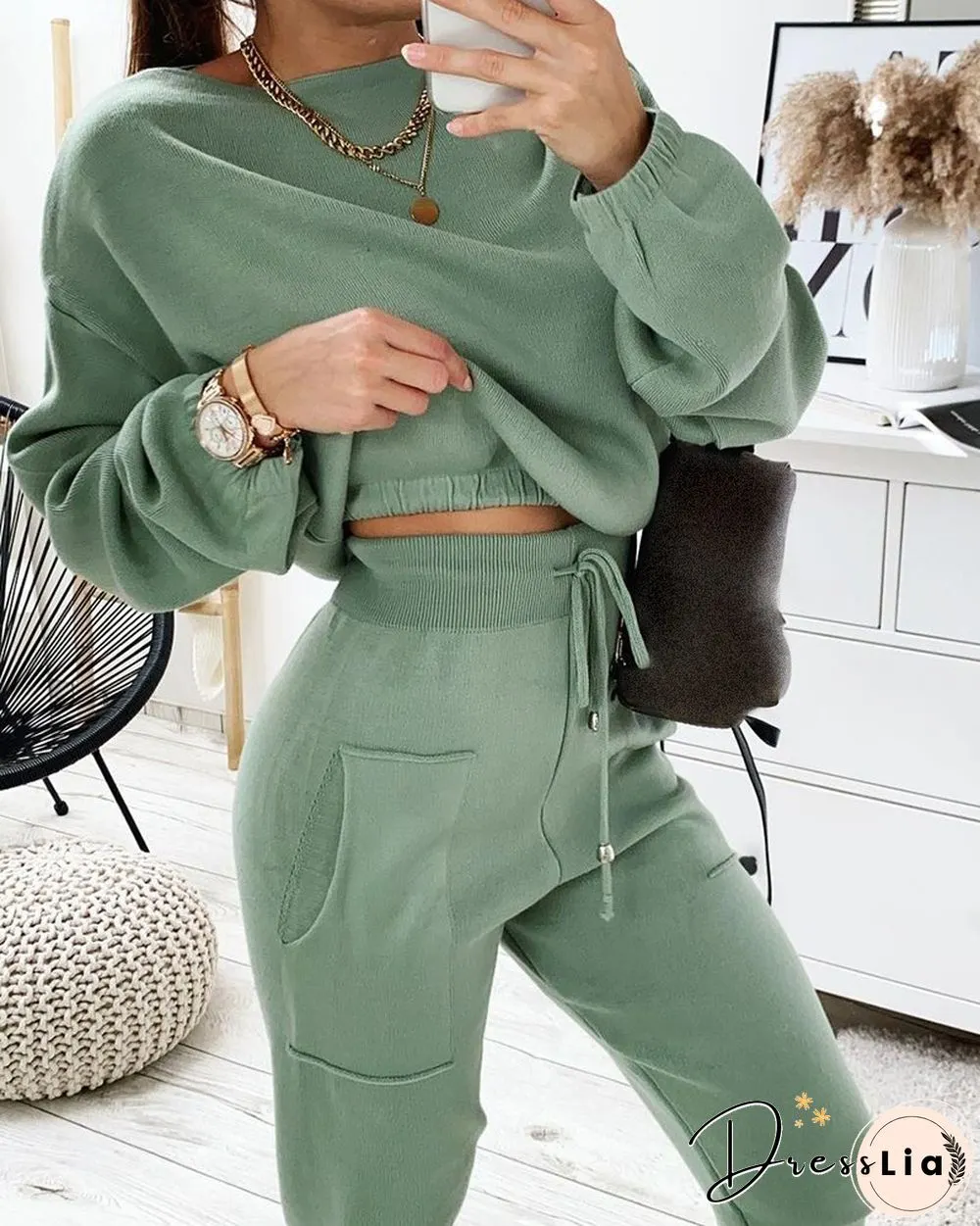 Plain Long Sleeve Top & Drawstring Pants Set