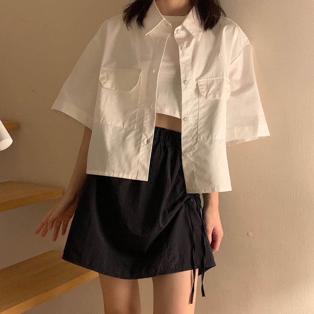 Shirts Women Solid Cropped Pockets Short Sleeve Preppy Cute Sweet Japan Style Simple Popular All-match Mujer Leiusre Fashion Ins