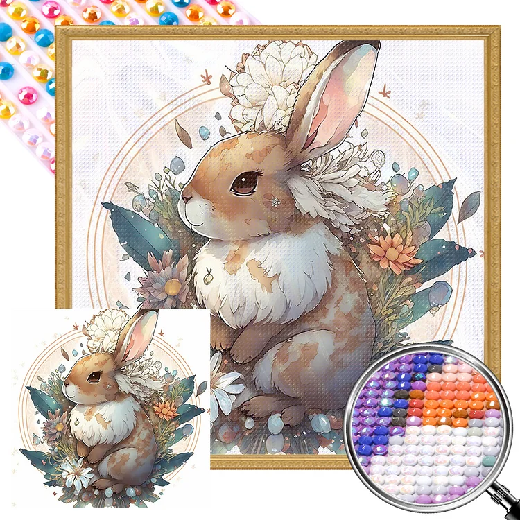 Partial AB Drill - Full Round Diamond Painting - Brown Bunny With Flowers 40*40CM