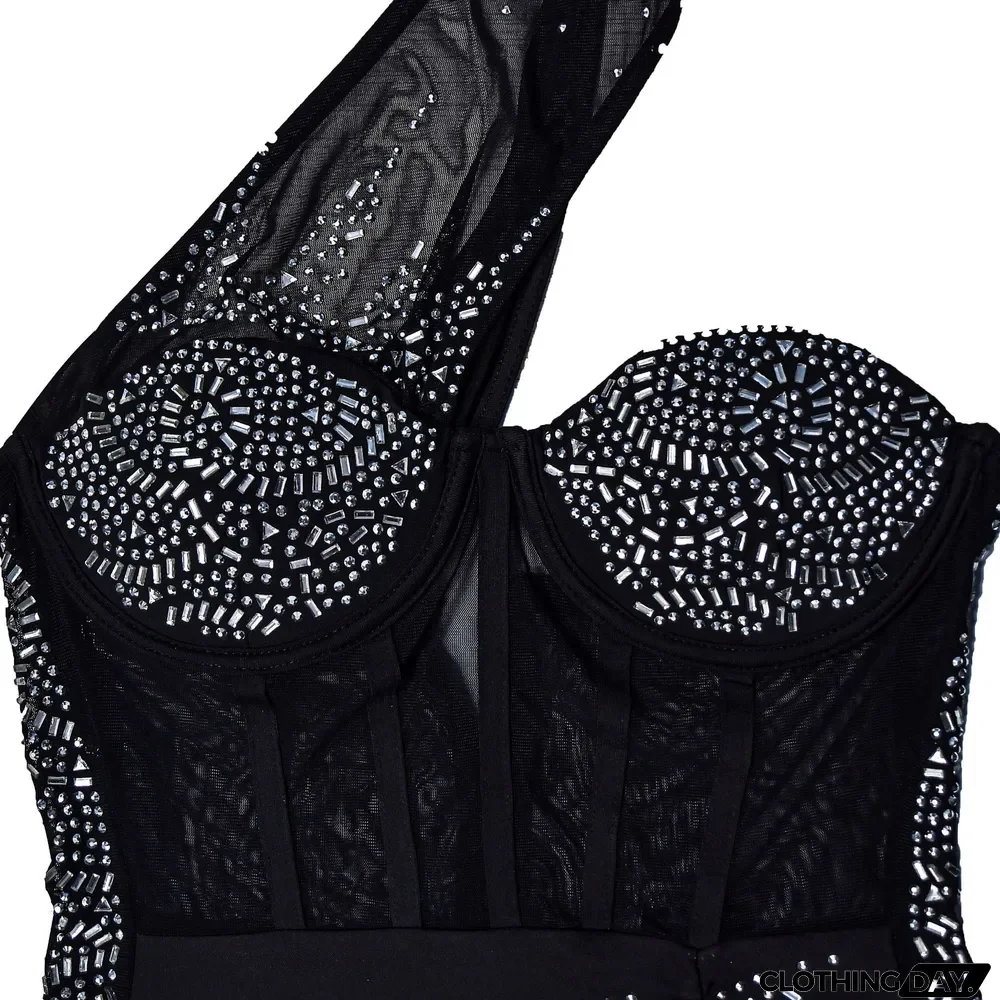 Women's Fashion Solid Color Beaded Mesh Sleeveless Slash Shoulder Dress