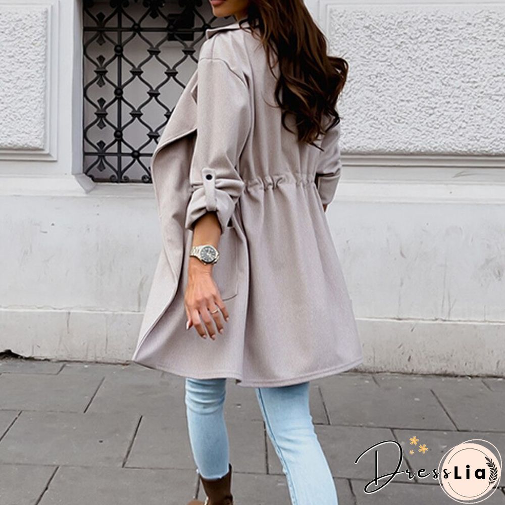 Autumn Fashion Solid Cardigan Trench Coat Women Casual Long Sleeve Lapel Drawstring Coats Lady Commuter Loose Pocket Jacket