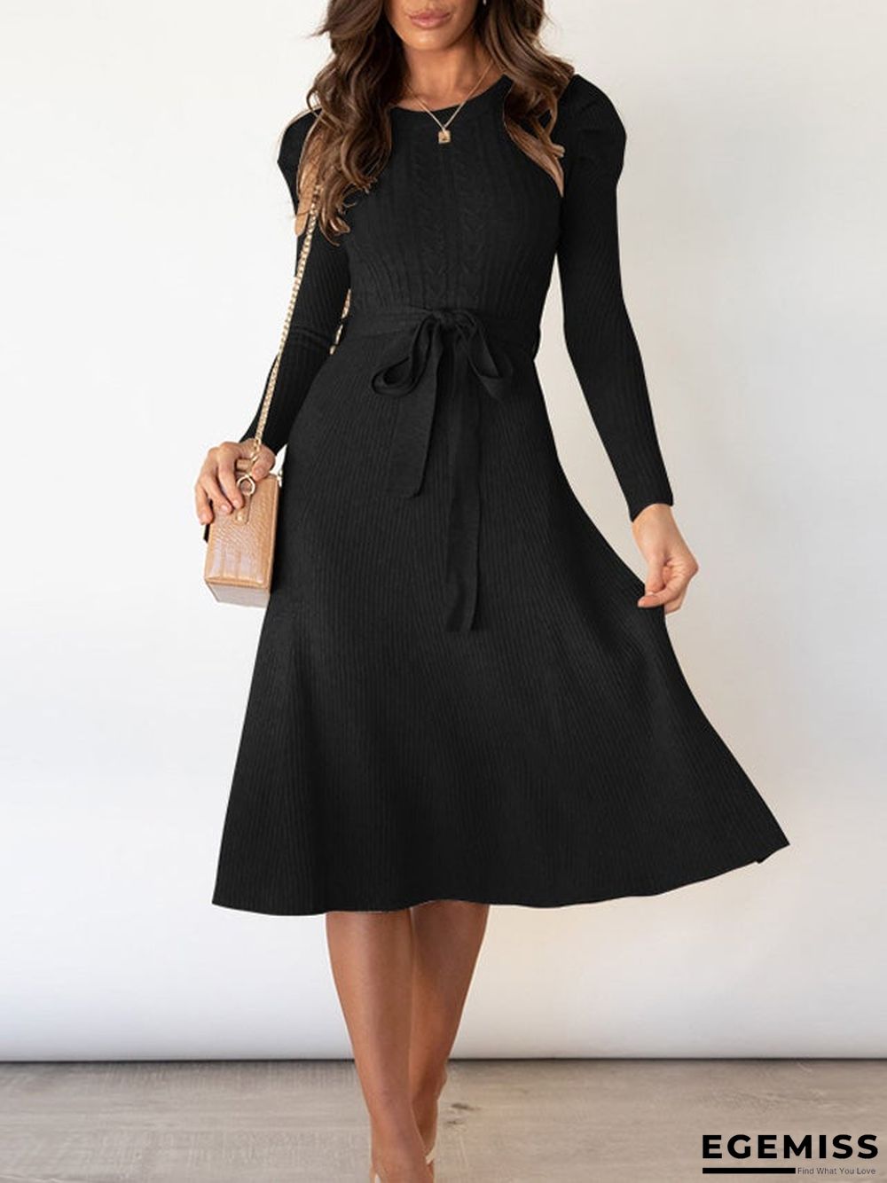 Bubble Long Sleeve Knitted Skirt Medium Long Wool Dress Black Dresses | EGEMISS