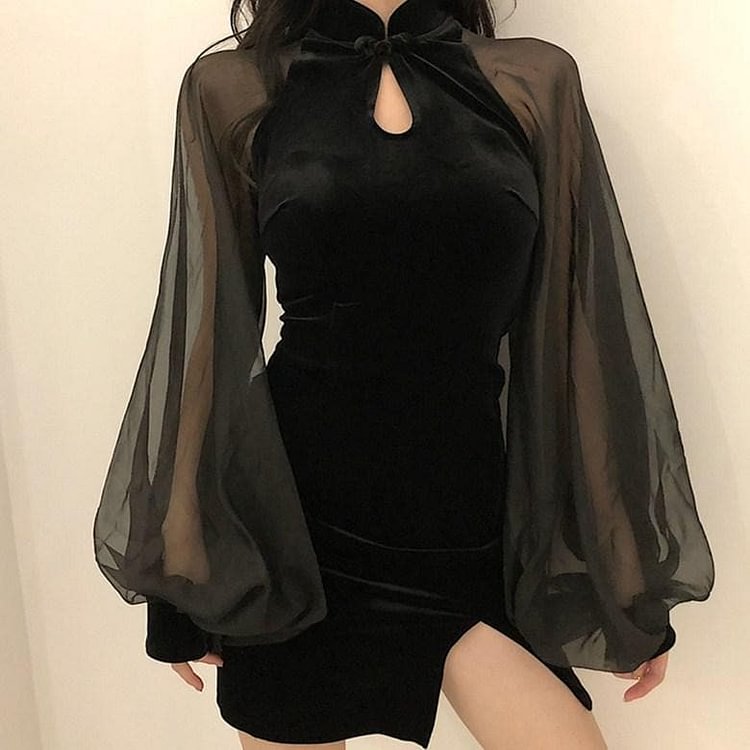 Black Elegant Gauze Cheongsam Dress SP1812082