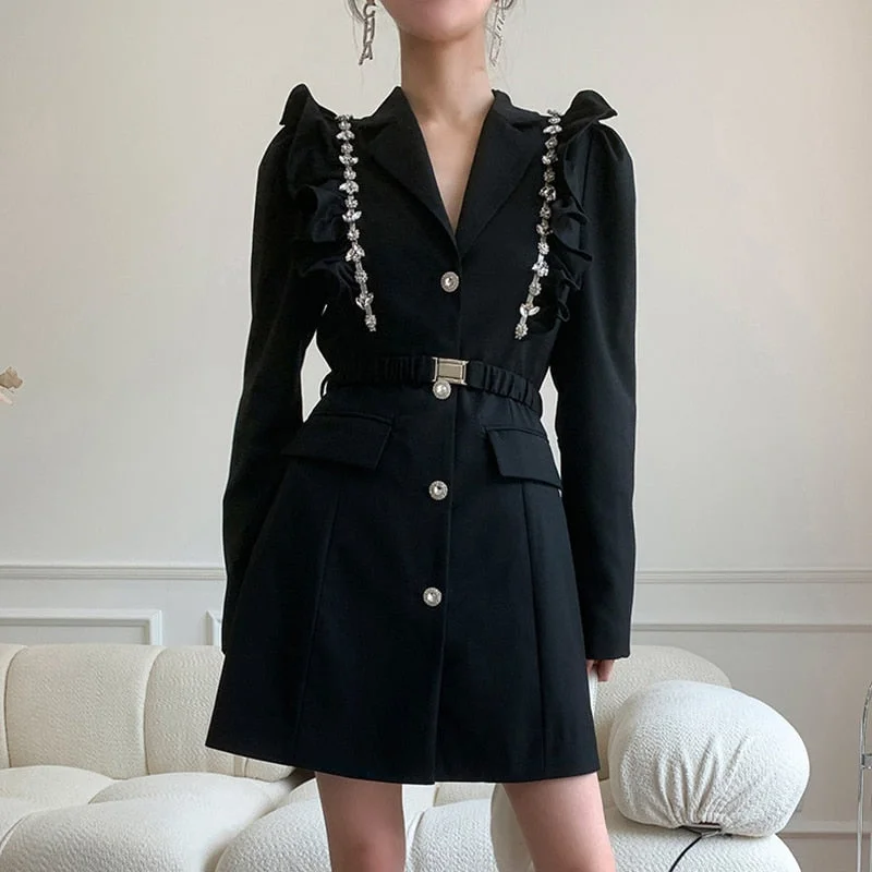 Runway Black Patchwork Diamonds Casual Women's Dresses 2021 Notched Long Sleeve Gathered Waist Mini Dress 2021 Fashion New