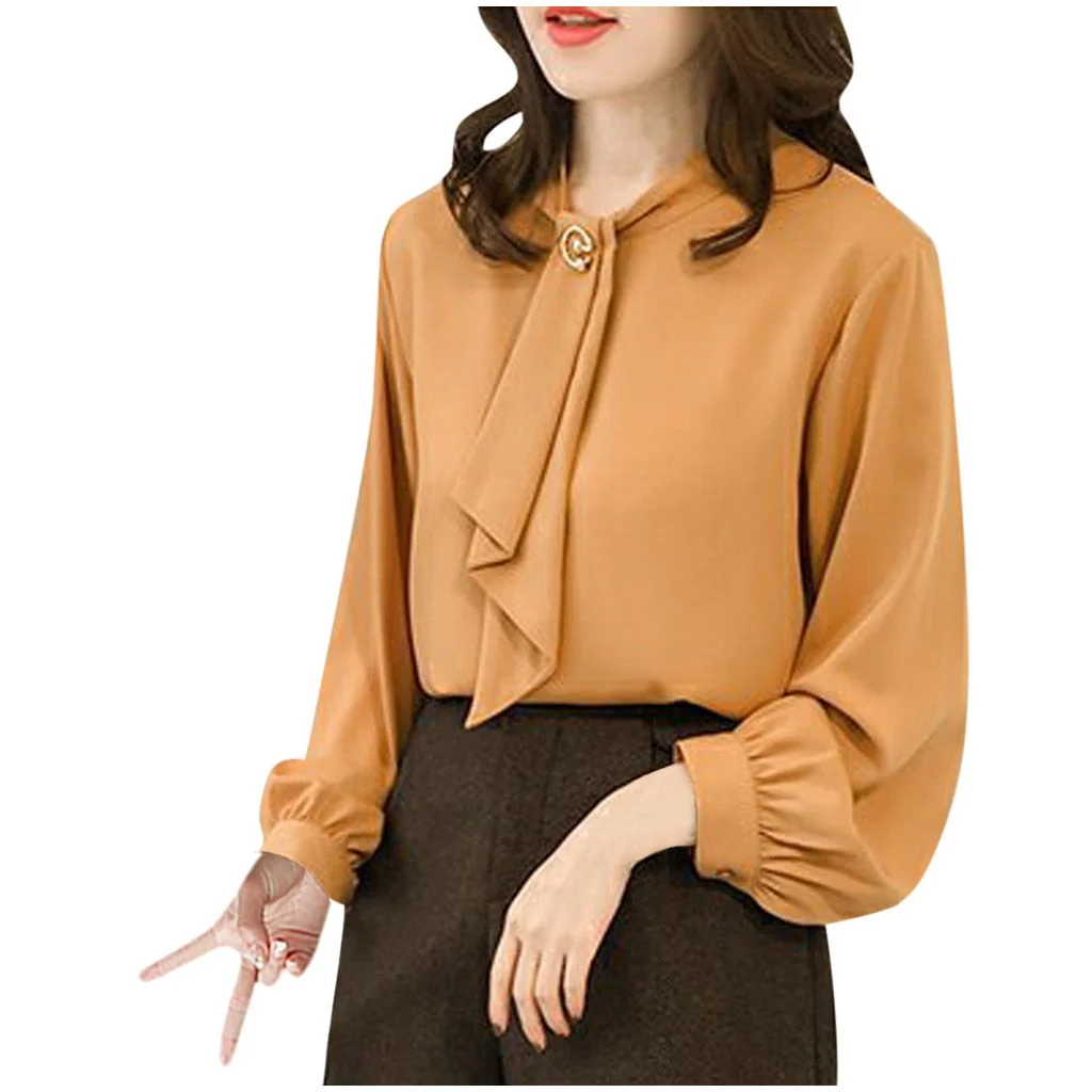 Spring Women Chiffon Blouse Long Lantern Sleeve O-Neck Casual Tops Button Tie Solid Shirts womens tops and blouses Elegant Shirt