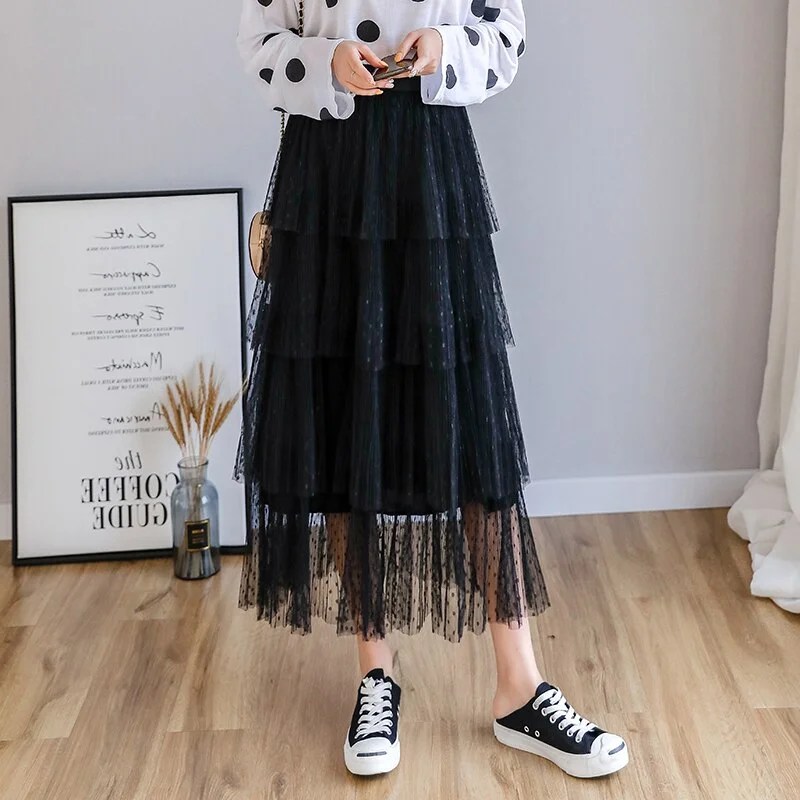 FTLZZ 2021 Women Sweet Ruffle Tulle Skirt High Waist Elegant Vintage Pleated ins Skirts Candy Cakee Layered Maxi Long Skirt