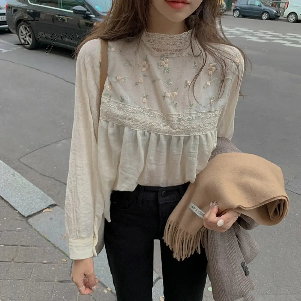 Ingvn - New Elegant Lace Stand Collar Blouse Shirt Sexy Hollow Out Floral Embroidery Feminine