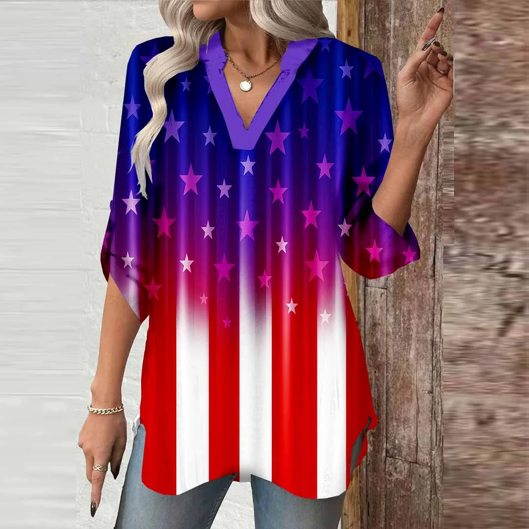 Women  Independence Day, Star, Striped, Blue, Red DZGA0243 3/4 Sleeve V-neck Printed Graphic Button Tops