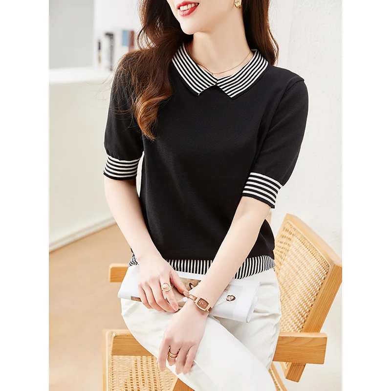 Toloer Toloer Photo Doll Collar Jacket Female Summer Ice Silk Short-Sleeve T-Shirt False Two Striped Knit Half Sleeve Small Shirt-Outfit Ideas