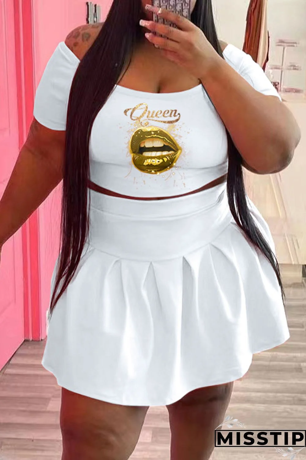 Black Fashion Casual Lips Printed Basic O Neck Short Sleeve Two Pieces