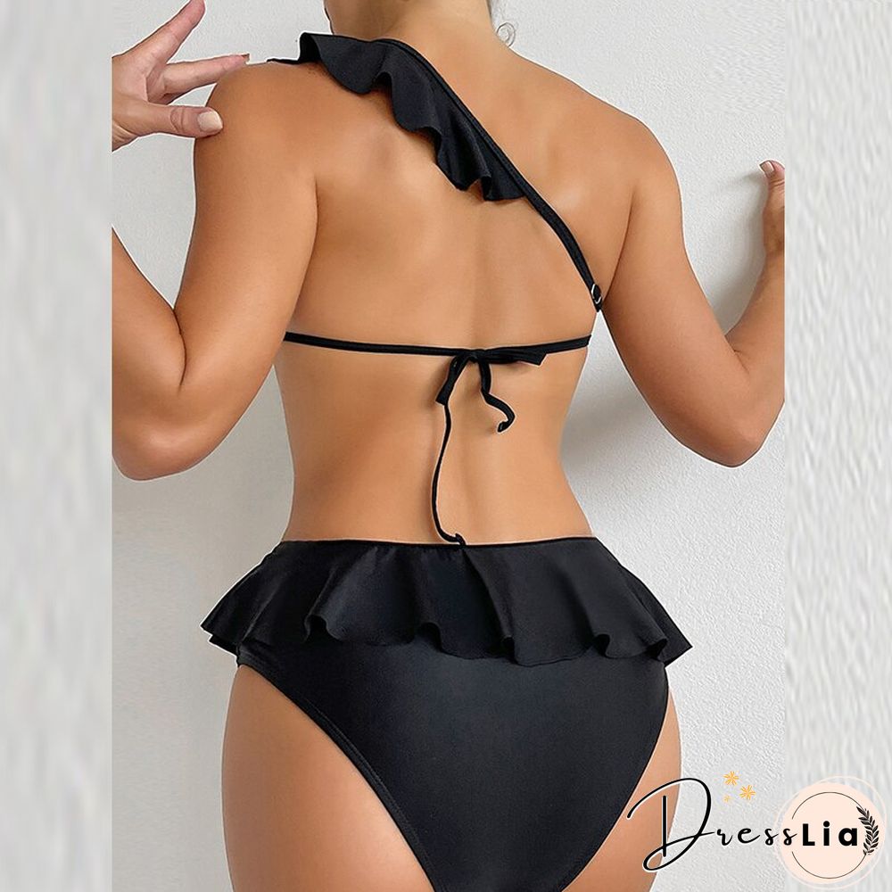 Sexy Solid Ruffle Backless Lace-up Swimwear One Piece One Shoulder Hollow Swimsuit Bikini New Fashion Vacation Push Up Beachwear