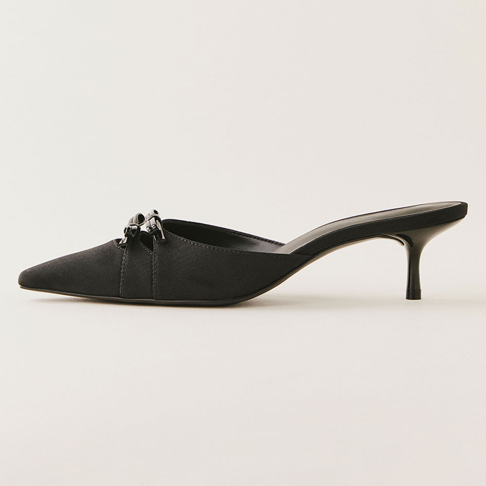 Black Snip Toe Kitten Heel Mules Shoes with Two Bows Accent Design Nicepairs