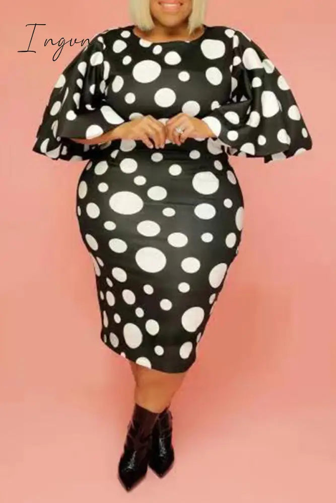 Ingvn - White Celebrities Dot Patchwork O Neck Wrapped Skirt Plus Size Dresses / M Plus Size