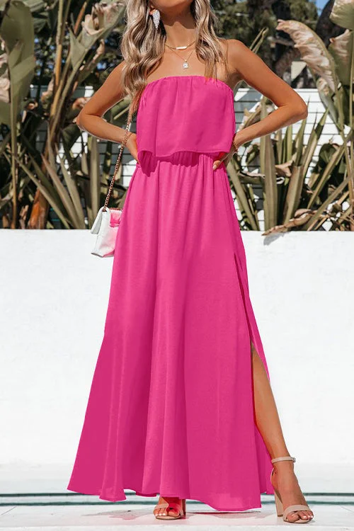 Ruffle Off Shoulder Sleeveless Maxi Slit Dress