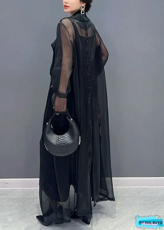 Style Black Notched Patchwork Button Long Tulle Cardigan Fall