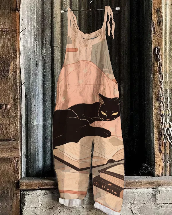 Retro Sofa Cat Book Print Jumpsuit