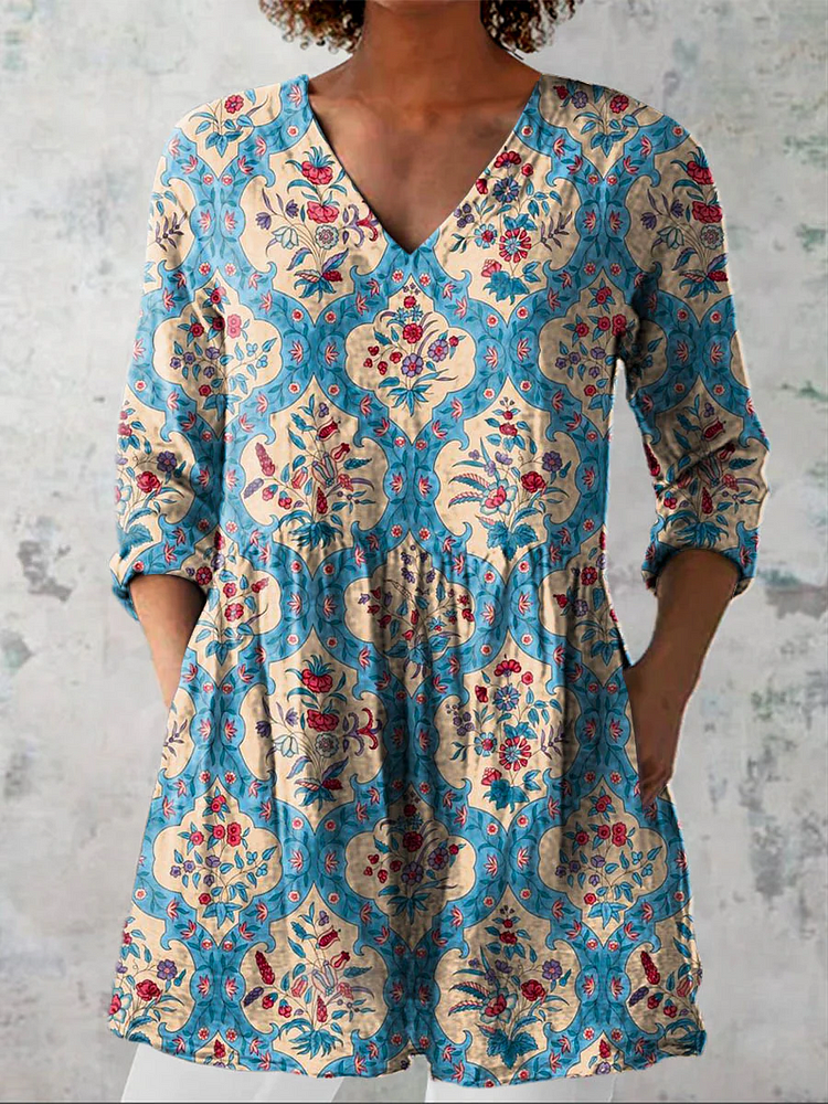 Womens Country Style Flowers Art Print Casual Linen V-neck Shirt