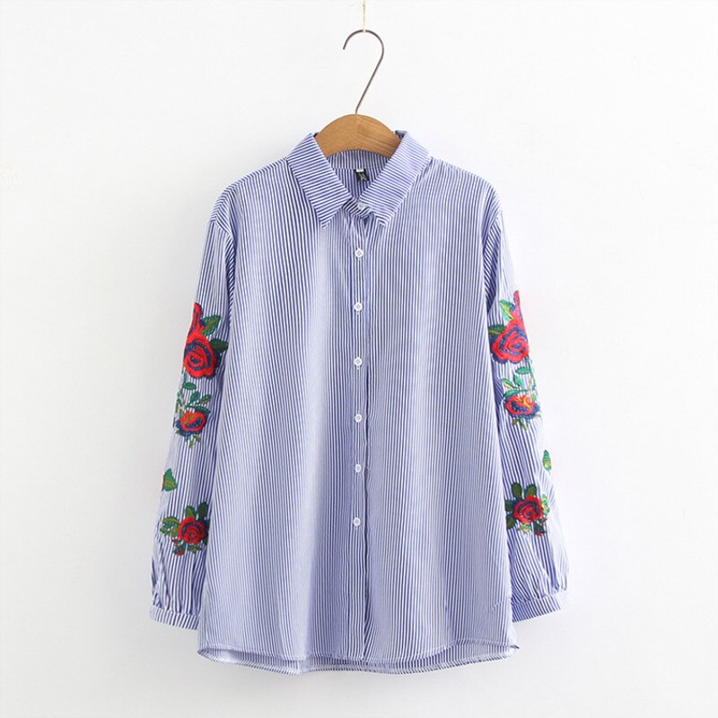 Women Elegant Floral Embroidery Lantern Sleeve Shirts