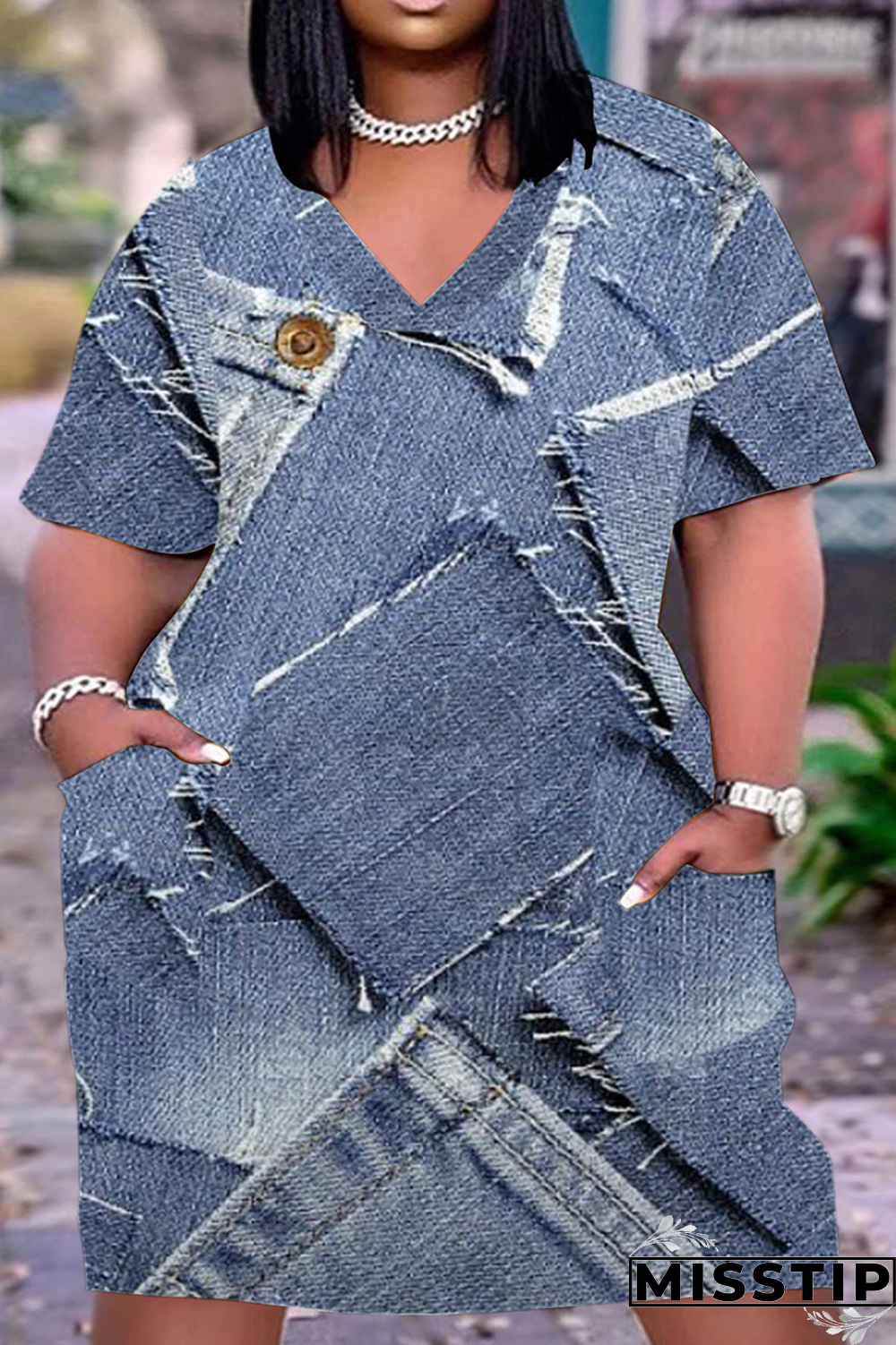 Cowboy Blue Casual Street Vintage Print Make Old Pocket Neck Line Plus Size Dress