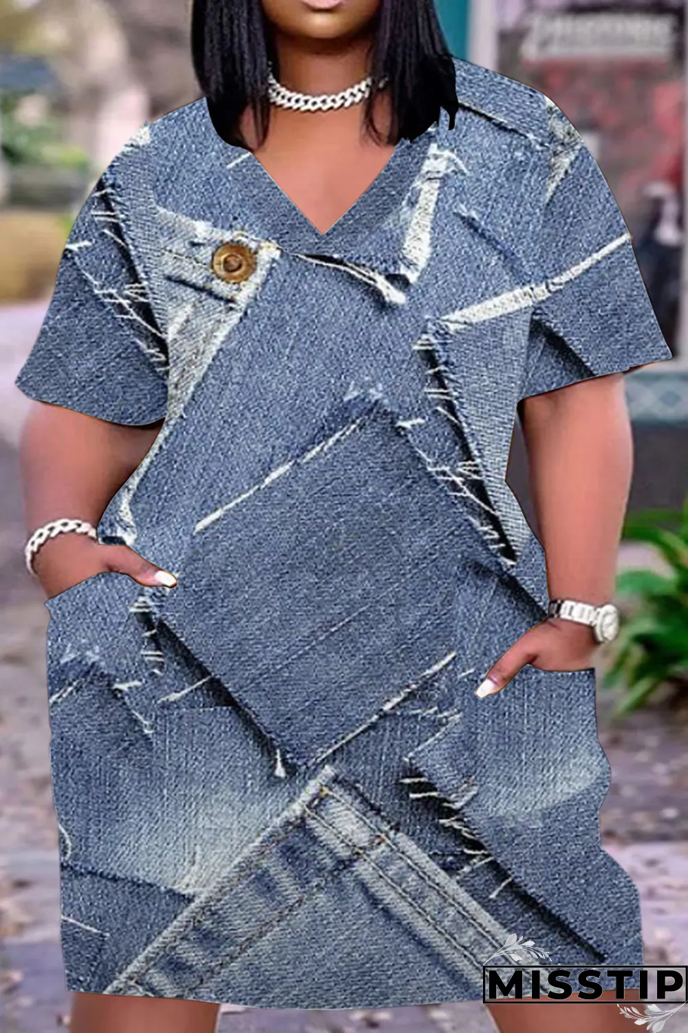 Cowboy Blue Casual Street Vintage Print Make Old Pocket Neck Line Plus Size Dress