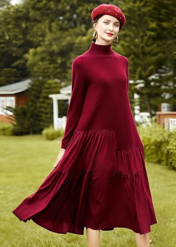 VCSHOES Mulberry Hign Neck Wrinkled Patchwork Woolen Dress Winter