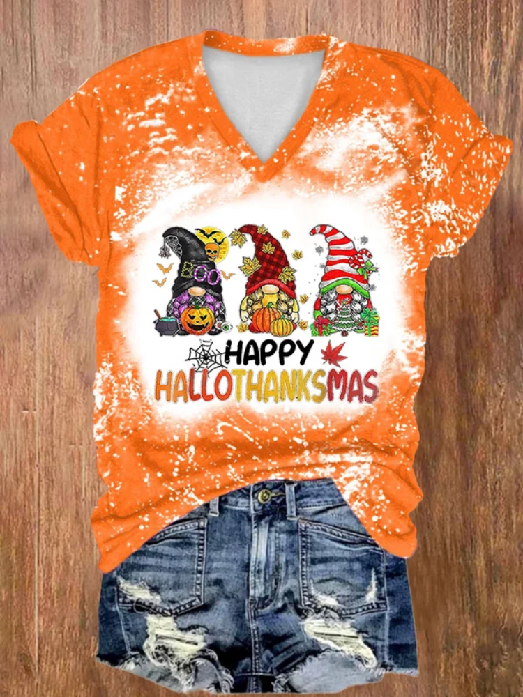 V-neck Tie Dye Happy Hallothanksmas Gnomes Print T-Shirt