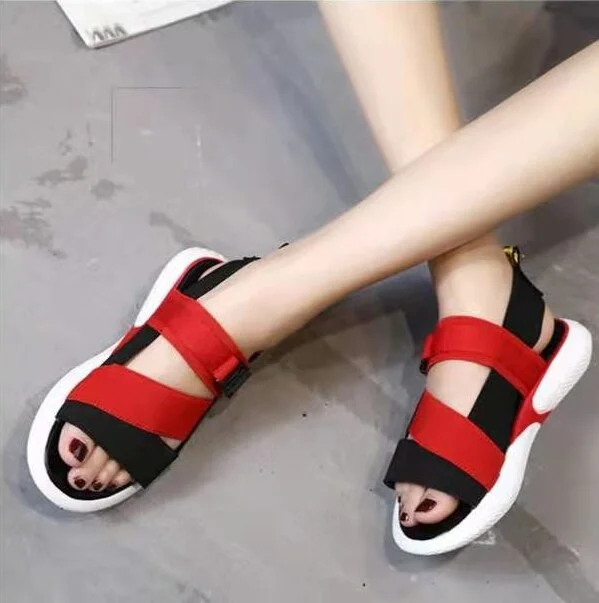 Fashion open toe sports sandals T-shaped buckle thick heel platform shoes 2020 women's summer flat casual shoes women's slippers