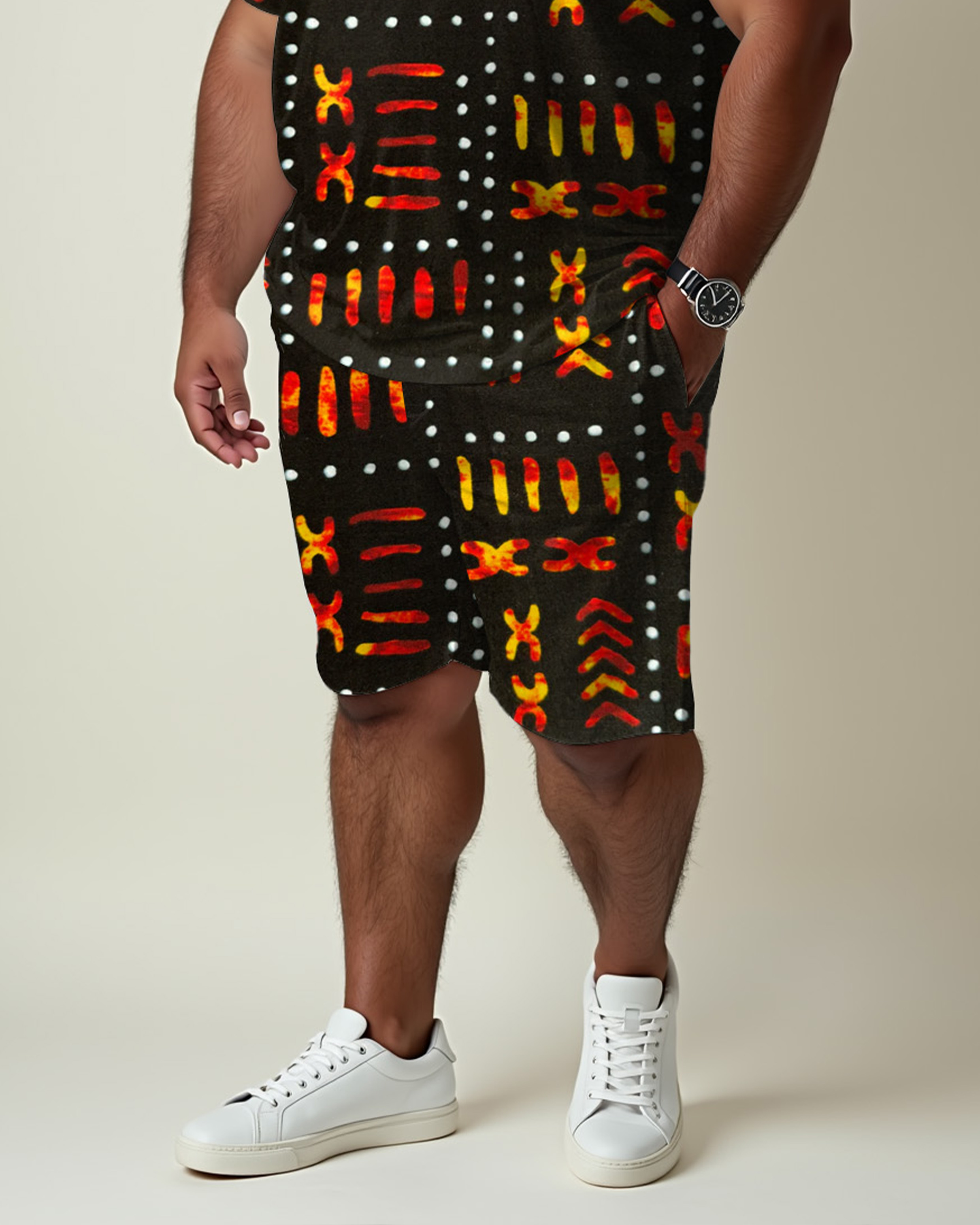 Traditional Culture Color Print T-Shirt Shorts Suit Men's Plus Size