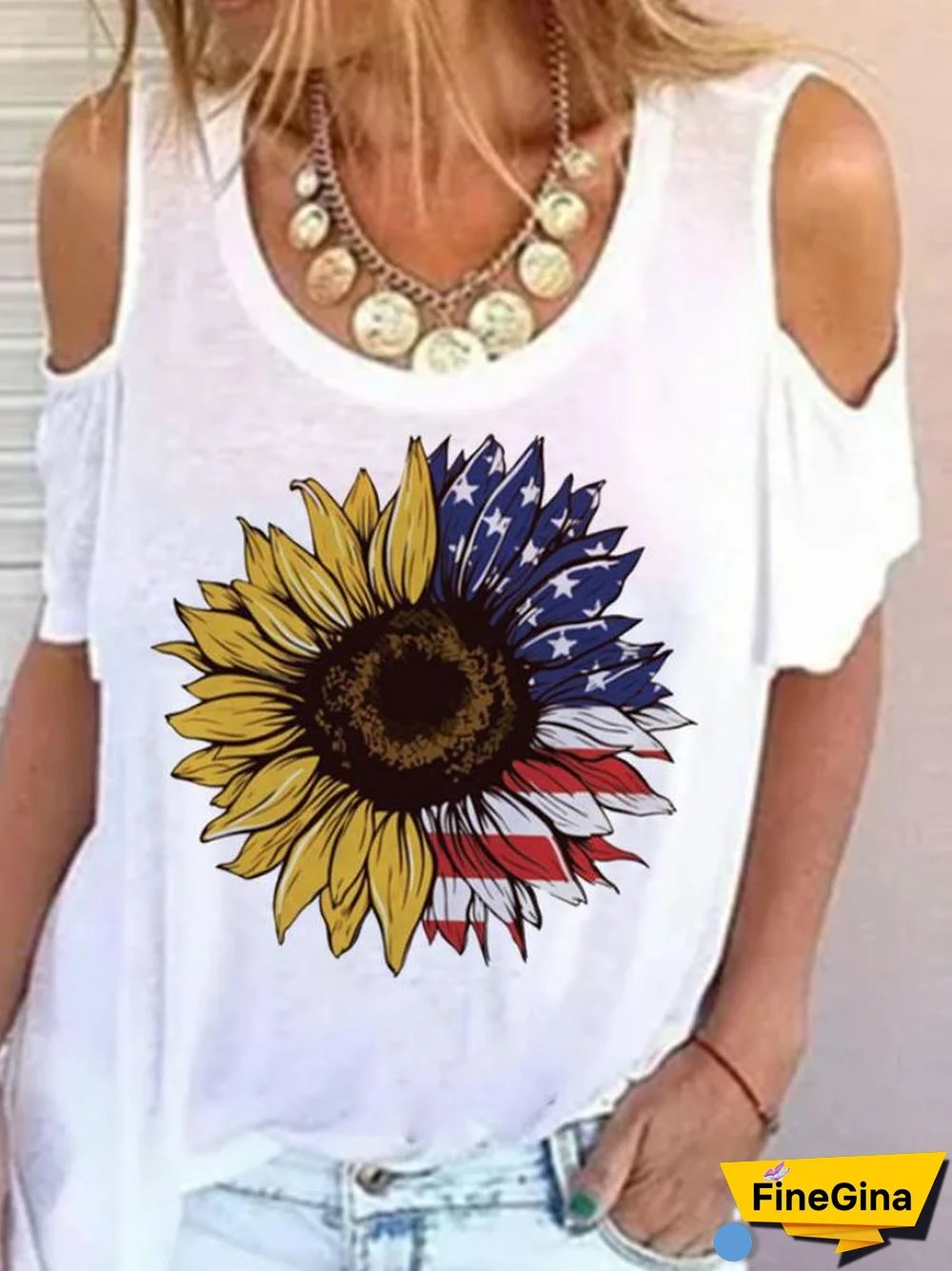 Round Neck Sunflower Printed White T-Shirt