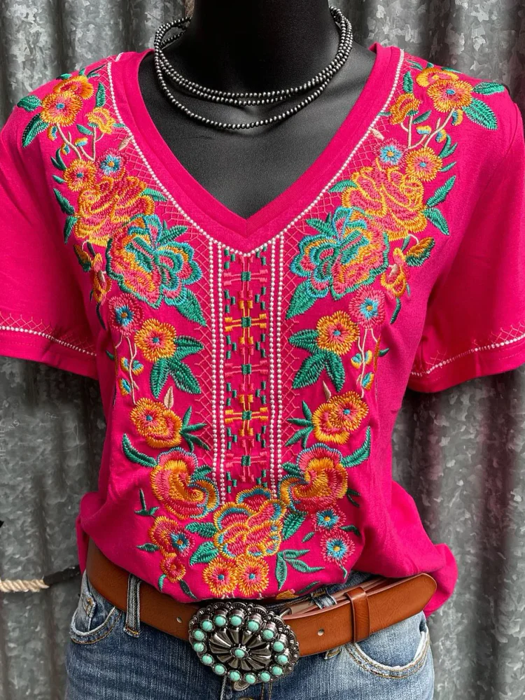 Embroidered Printed V-neck Short Sleeved Top