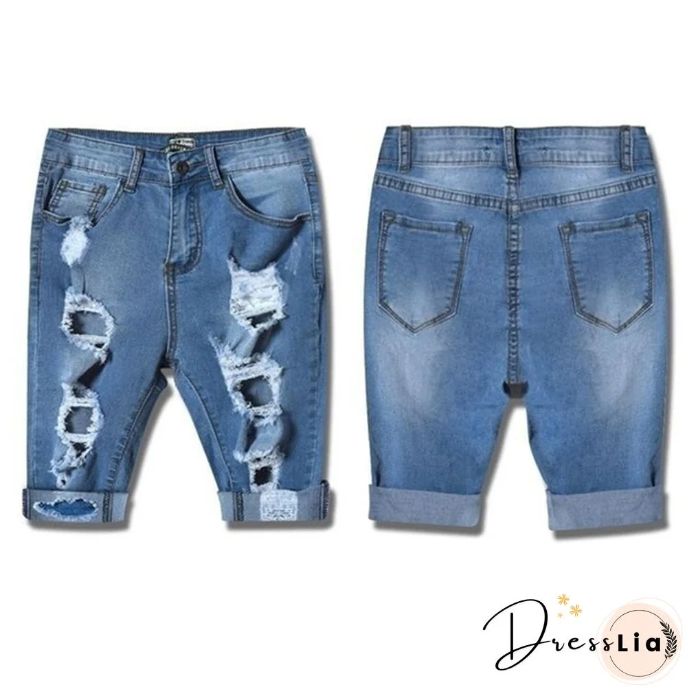 Women Casual Street Style Half Blue Denim Shorts Stretch Pants Slim Boyfriend Ripped Hole Jeans