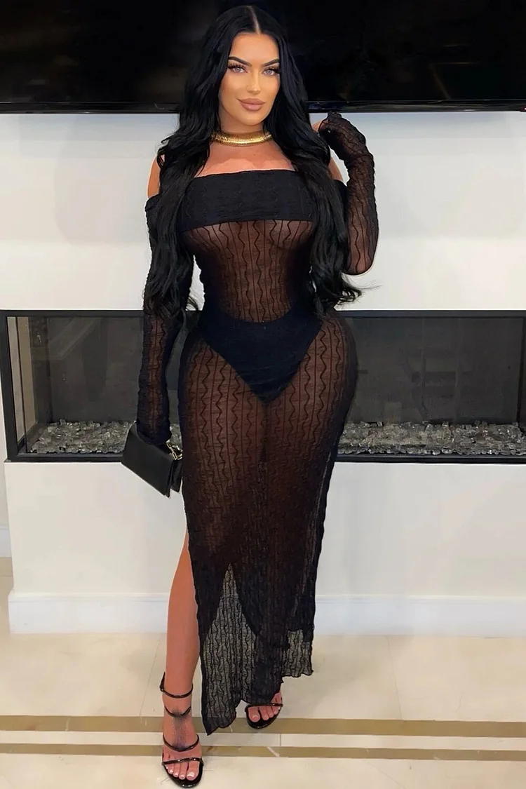 Off Shoulder Long Sleeve Wavy Striped See Through Slit Maxi Dresses-Black
