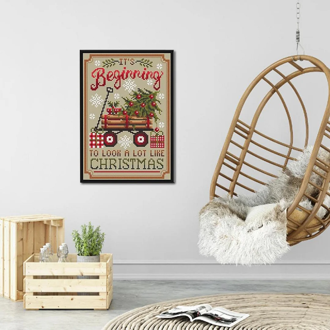 Xmas Trailer Printed Cross Stitch Kit 40x55cm DIY 11CT Thread Art Needlework