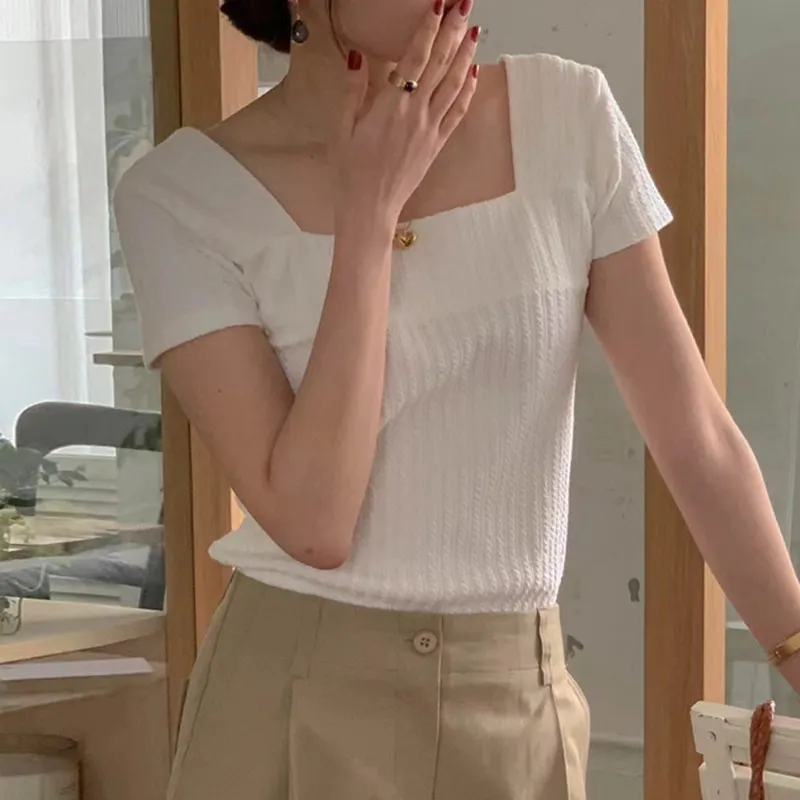 Churchf Churchf Chic Summer French Sweet Square Collar Dew Collarbone Texture Slim Slim Short Knit Jacket Female