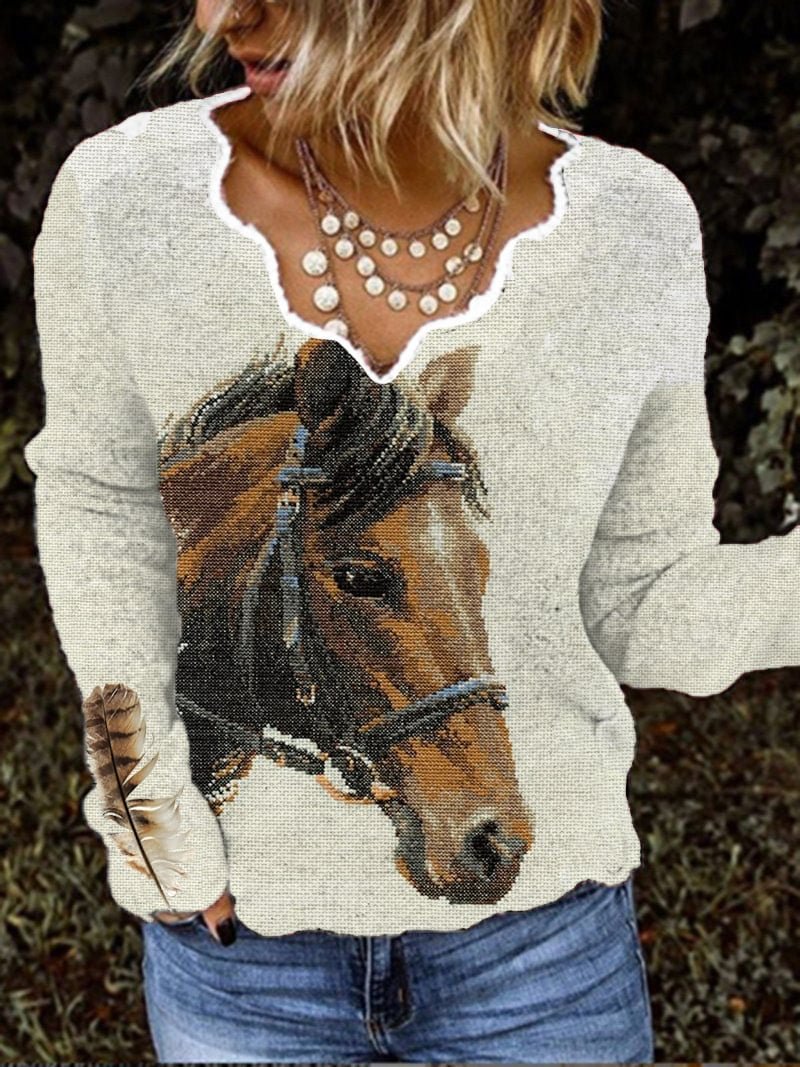 Women's Western Vintage Horse Print V Neck  Sweatshirt