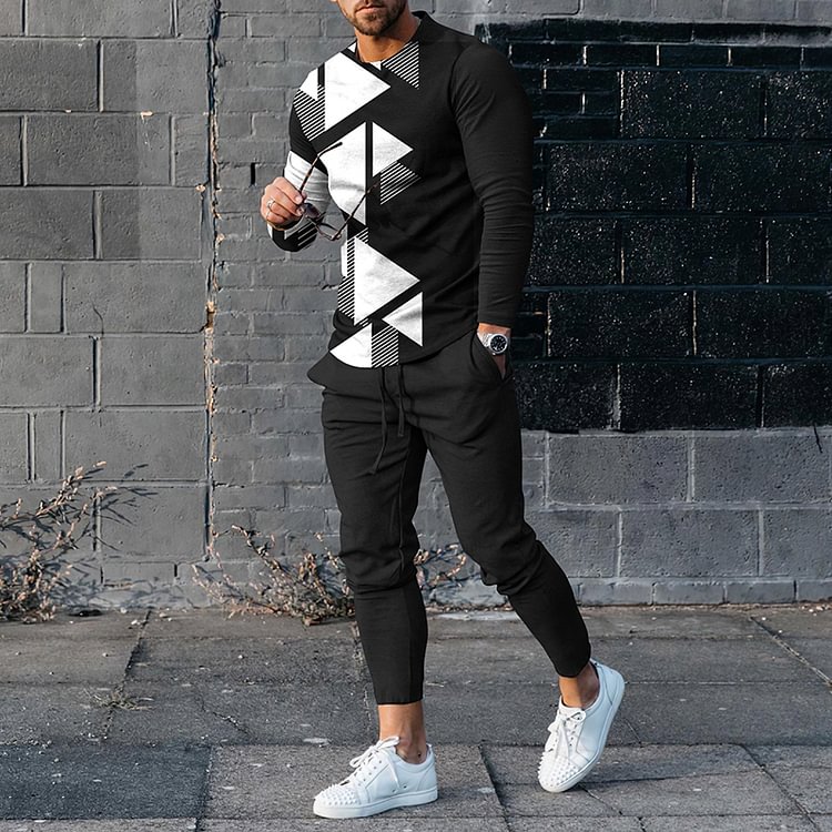 BrosWear Men's Abstract Geometric Color Block Long Sleeve T-Shirt And Pants Co-Ord
