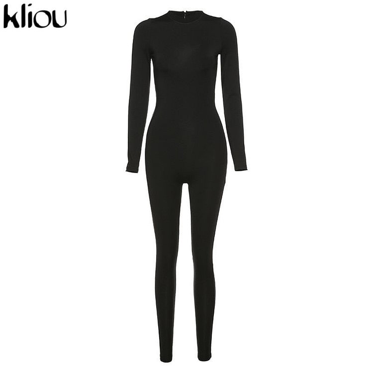 Kliou solid black/gray long sleeve skiing jumpsuit women elastic hight outfit fashion fitness sportwear slim rompers streetwear - BlackFridayBuys